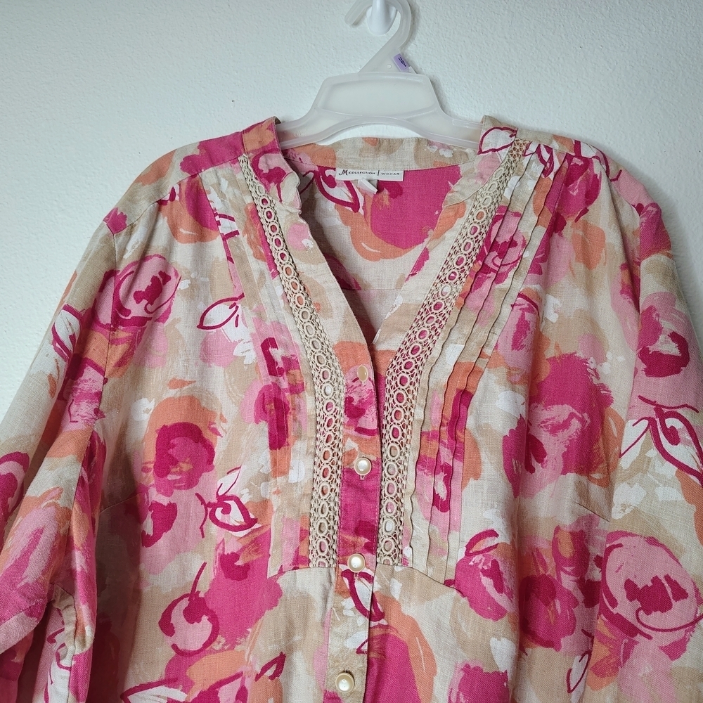 JM Collection Woman 100% Linen Floral Blouse Pink Orange Plus Size 24W Boho Top - Picture 2 of 16